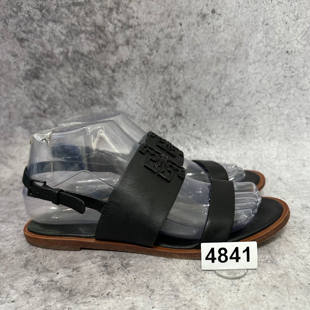 Tory Burch Melinda Sandals Womens 7 Black Leather Tonal Logo Flat Slingback